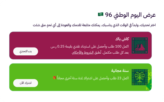 The "National Day 96 offer" screen in the Zid dashboard: the cashback challenge and the free-year challenge
