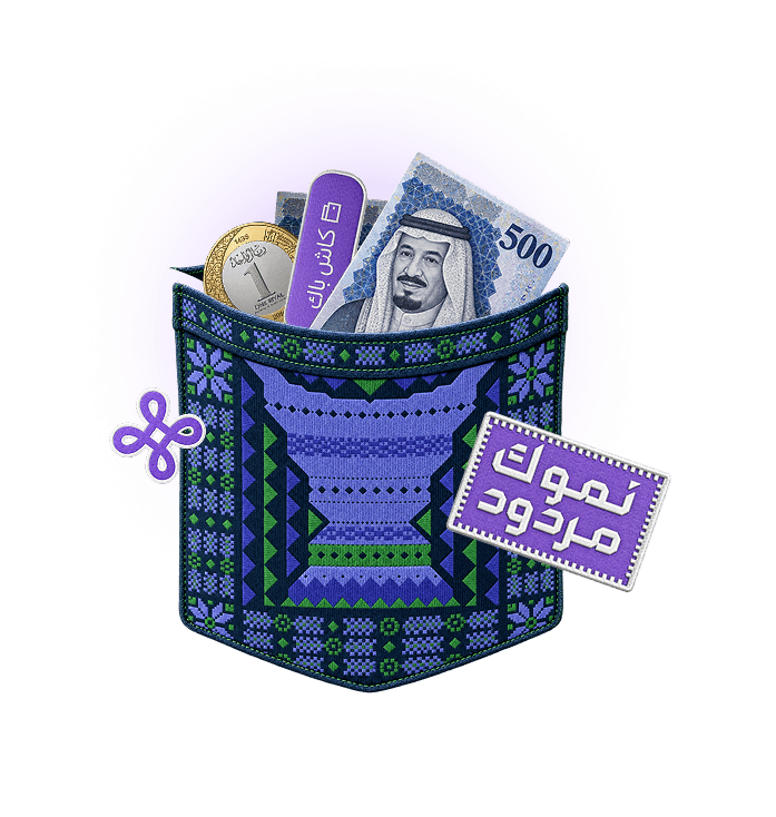 A sadu-embroidered pocket holding riyals and a cashback card, stamped "your growth pays back"