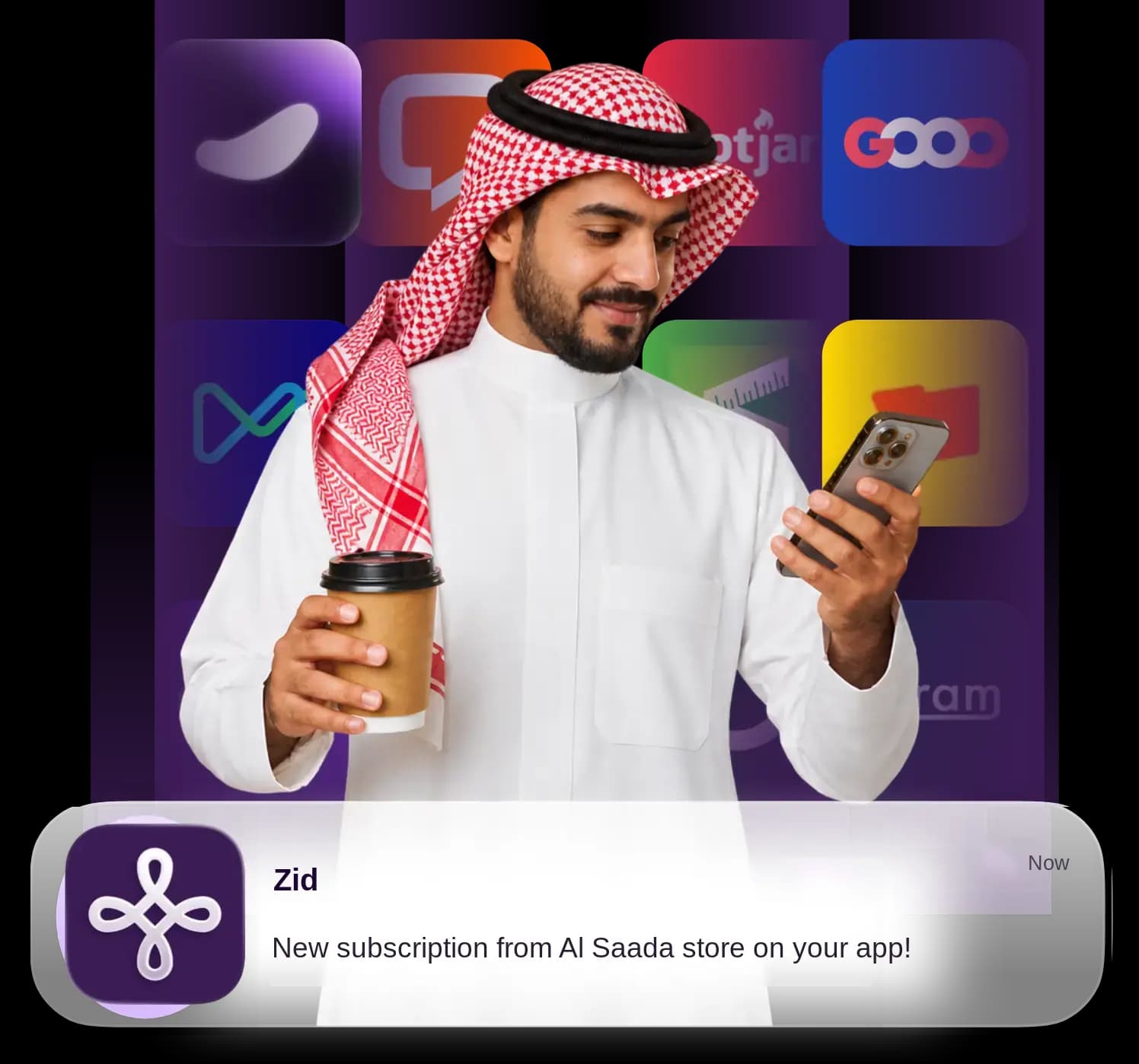 A partner looks at a phone notification about a new subscription to his app, with app icons behind him (illustration)