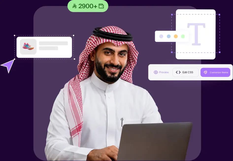 A partner at a laptop beside a theme customization panel with preview, Edit CSS, colors and fonts (illustration)